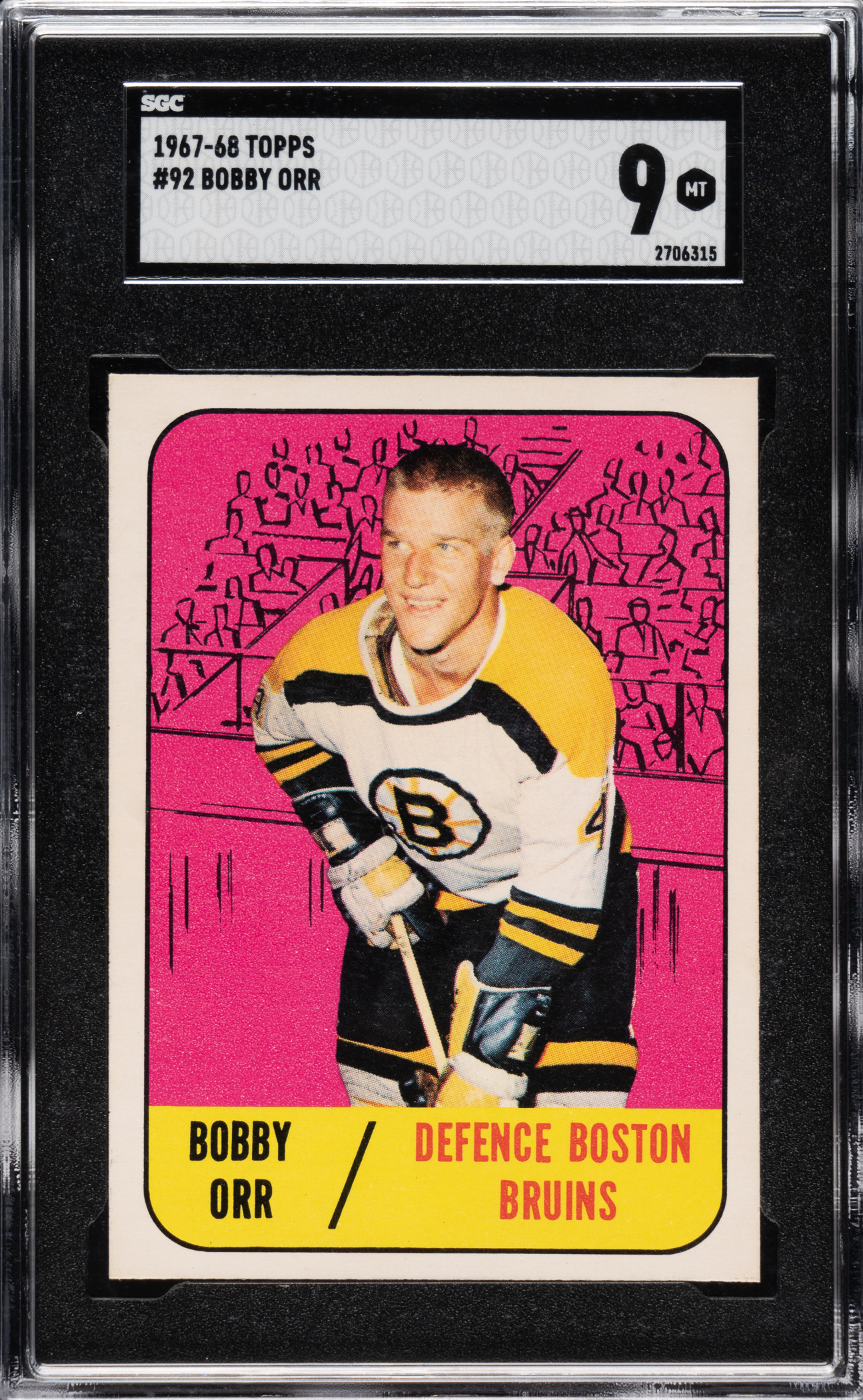 A 1967-1968 Topps Hockey #92 Bobby Orr SGC MINT 9 sold for $5,520, which was an SGC record for the card in this grade