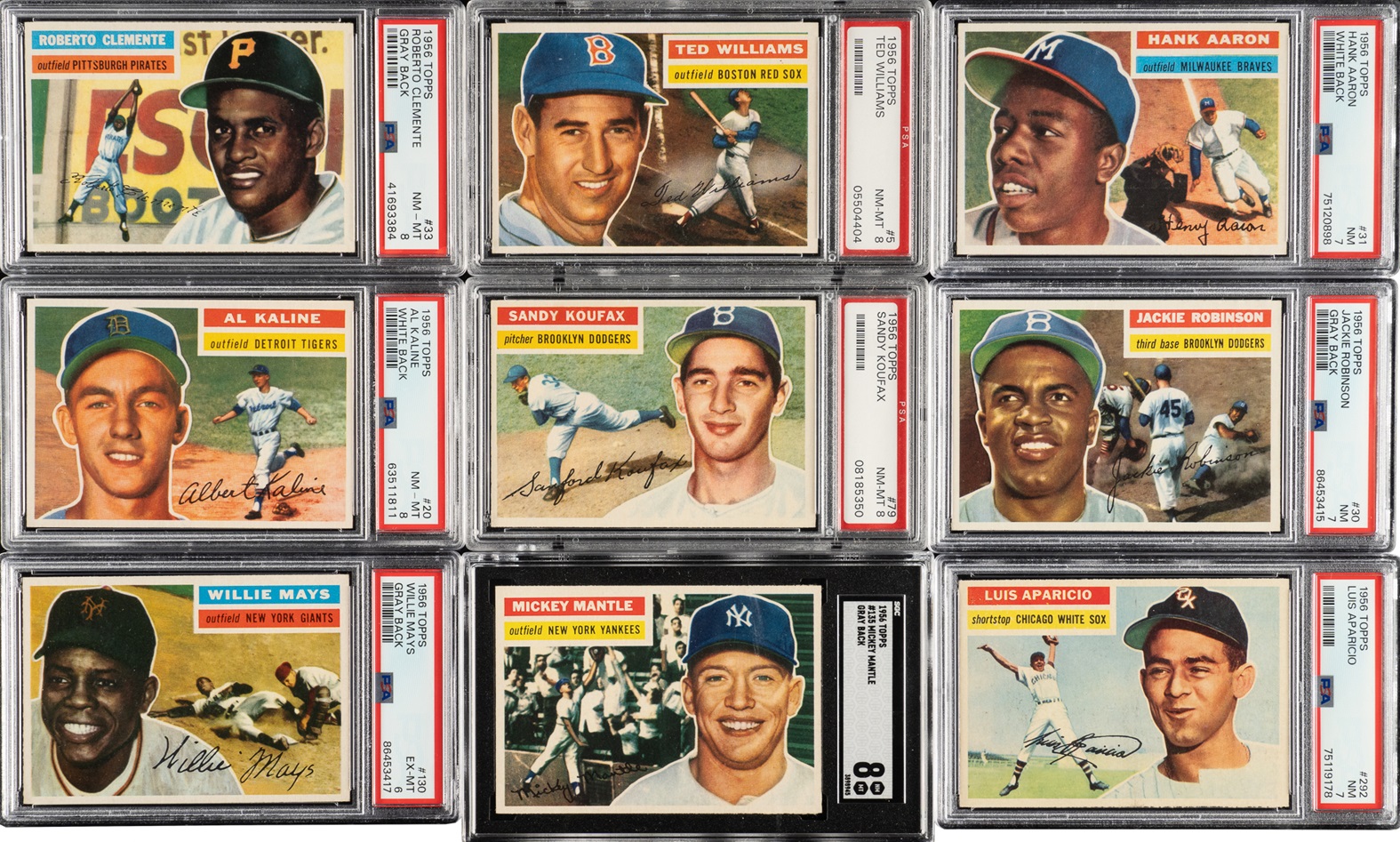 High-Grade 1956 Topps Complete Set (340 Plus Two Checklists) with 100 PSA- and SGC-Graded Cards Including Mickey Mantle SGC NM/MT 8 (Lot 1367)
