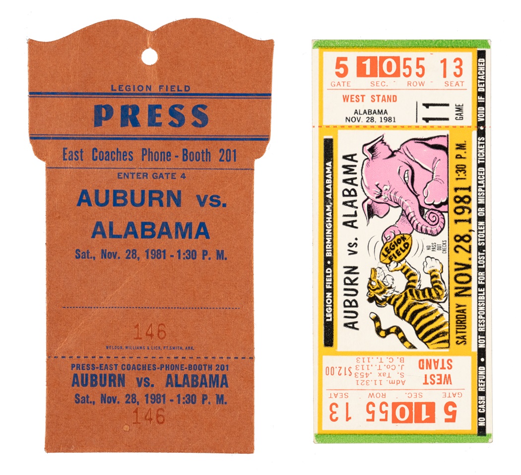 November 28, 1981 University of Alabama (vs. Auburn University) Full Ticket and Press Pass Pair - Coach Bear Bryant breaks the collegiate win record