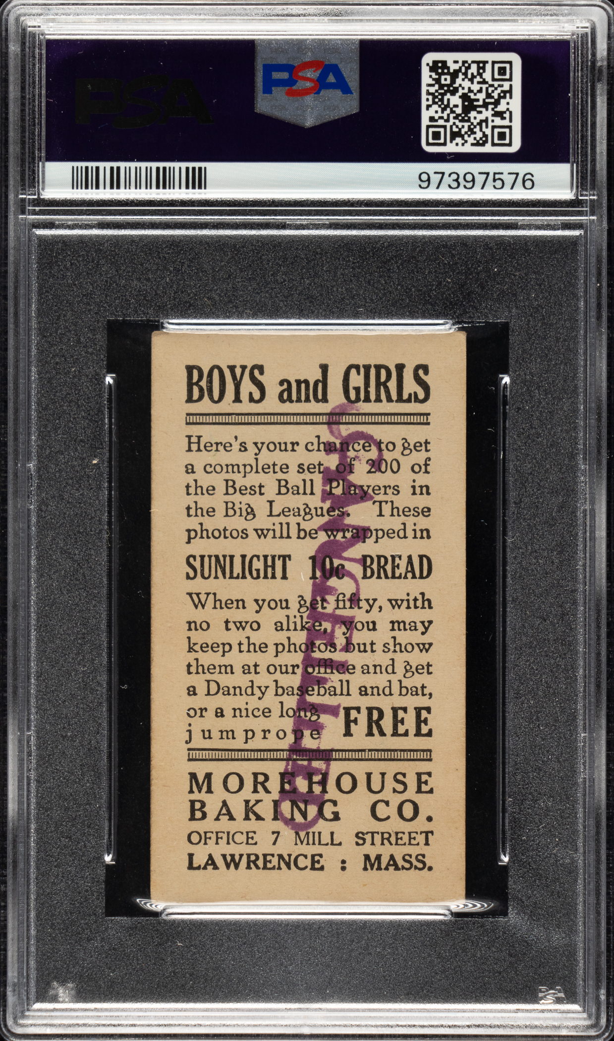 The back of the newly discovered 1916 M101-4/5 Morehouse Baking #151 Babe Ruth Rookie PSA VG+ 3.5 