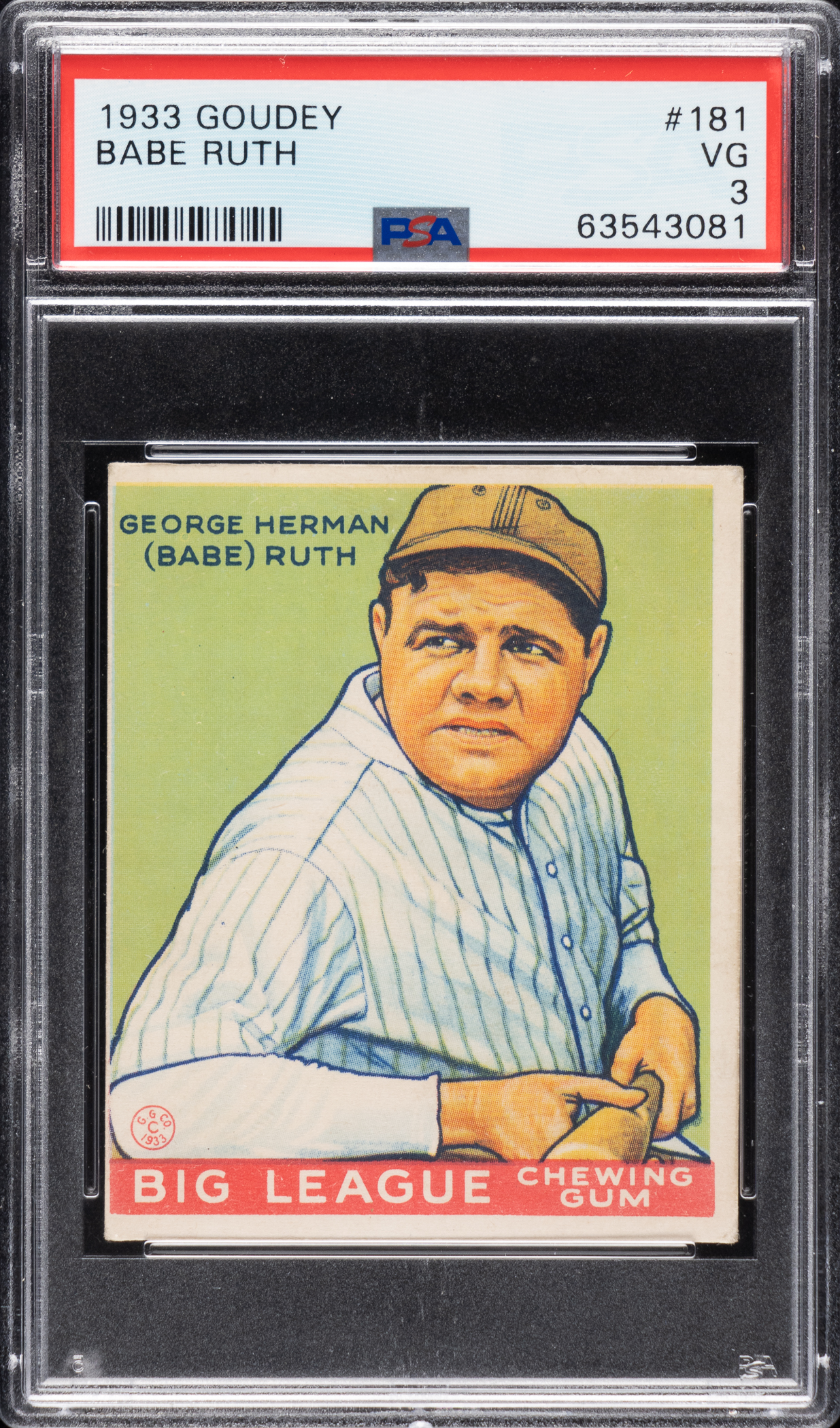A 1933 R319 Goudey #181 Babe Ruth PSA VG 3 sold for $15,600