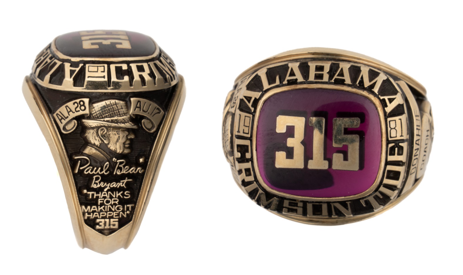 1981 University of Alabama SEC Championship Ring Commemorating Bear Bryant's 315th Win Presented to Coach Ken Donahue