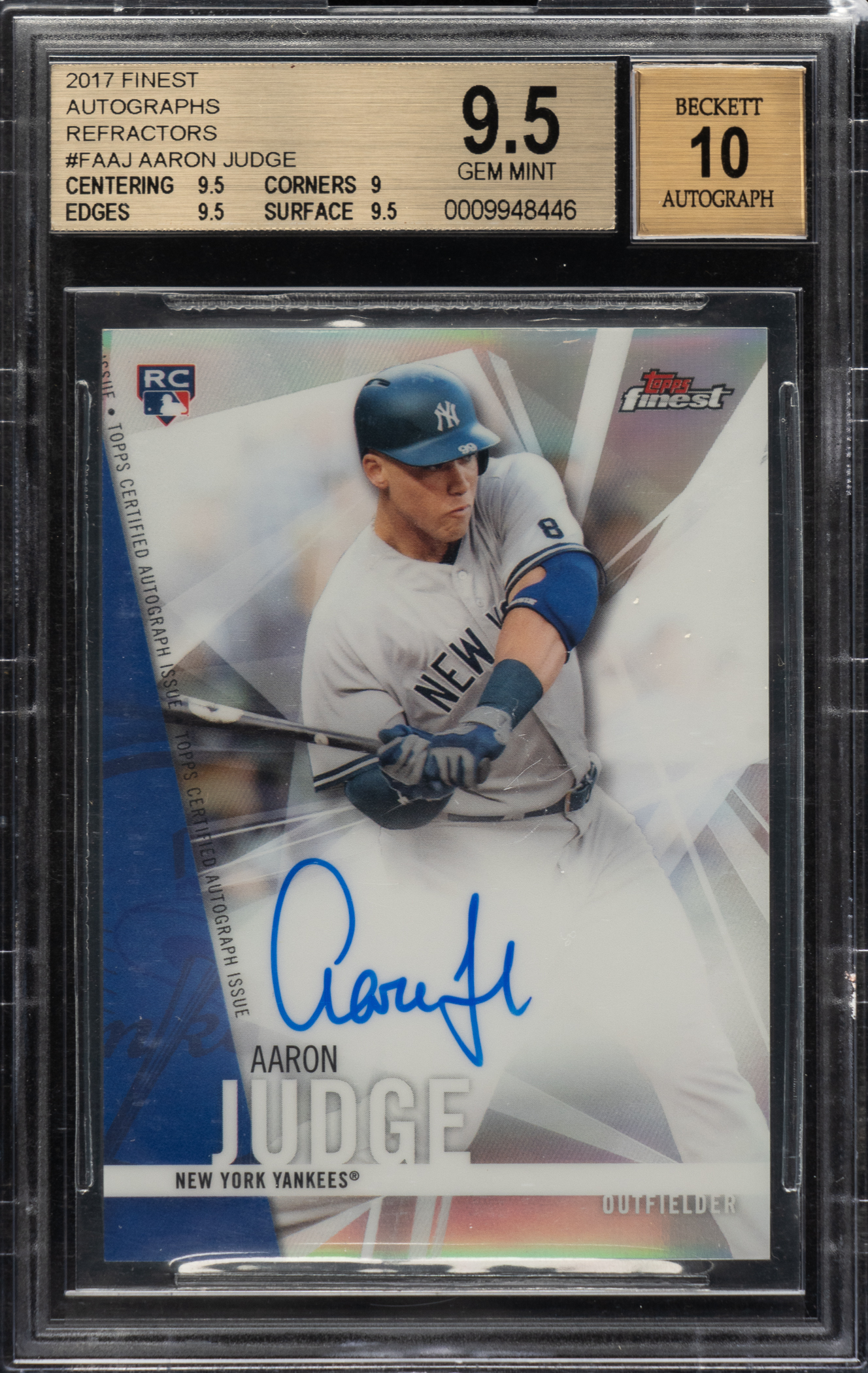 This 2017 Topps Finest #FA-AJ Aaron Judge Rookie Refractor BGS GEM MINT 9.5 with GEM MINT 10 signature is one of two Aaron Judge cards Ryan has consigned to the Fall event at REA