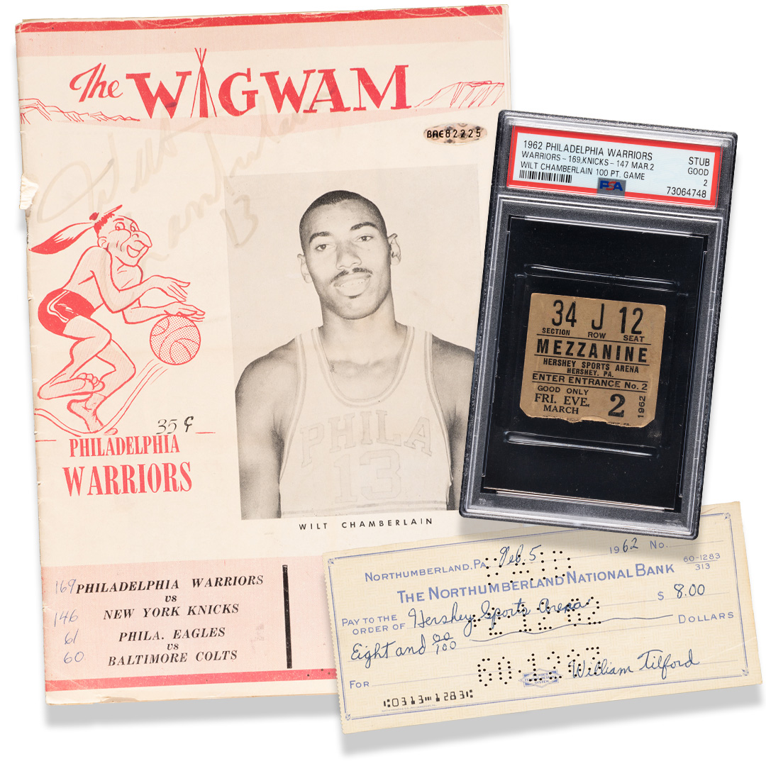 WILT CHAMBERLAIN 100 POINT GAME PLAQUE WITH PIECE OF GAME USED BASKETBALL  FLOOR