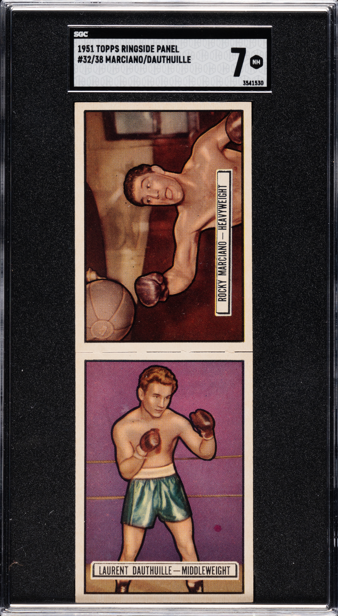 1951 Topps Ringside Boxing Panel #32/38 featuring Rocky Marciano and Laurent Dauthuille - SGC NM 7