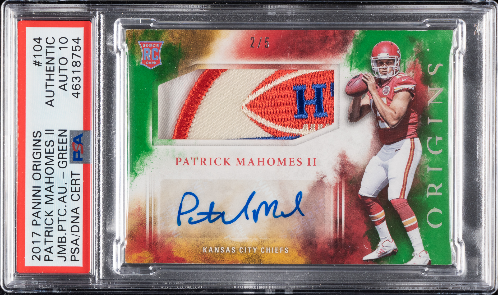 This Mahomes 2017 Panini Origins Football Jumbo Patch Autograph Rookie sold for $10,800