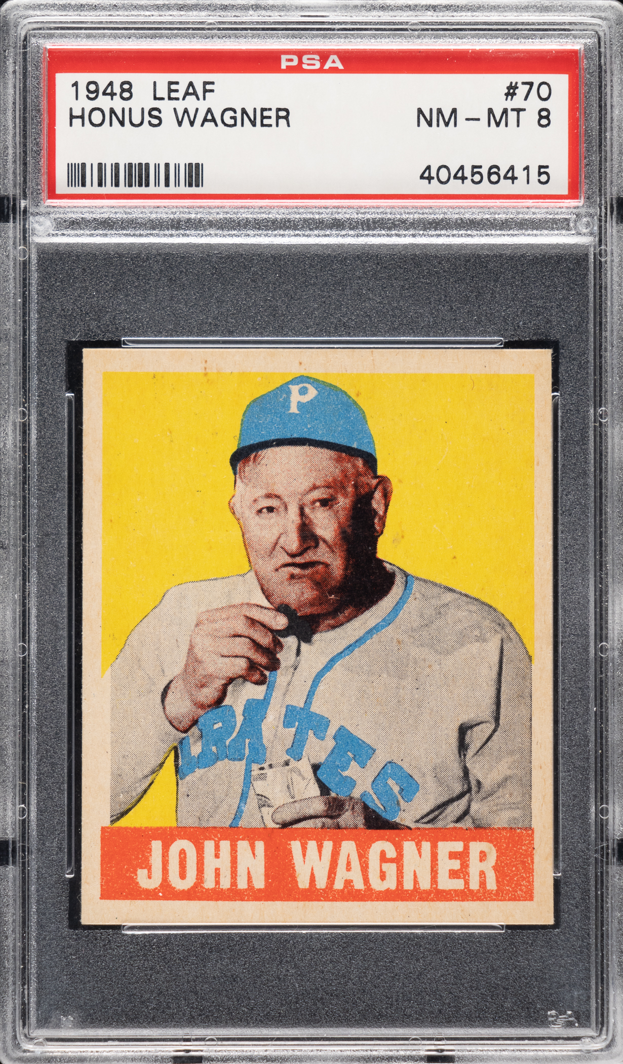 The 1948-1949 Leaf Honus Wagner #70 card is a tribute to the Pirates legend while he was serving as a coach