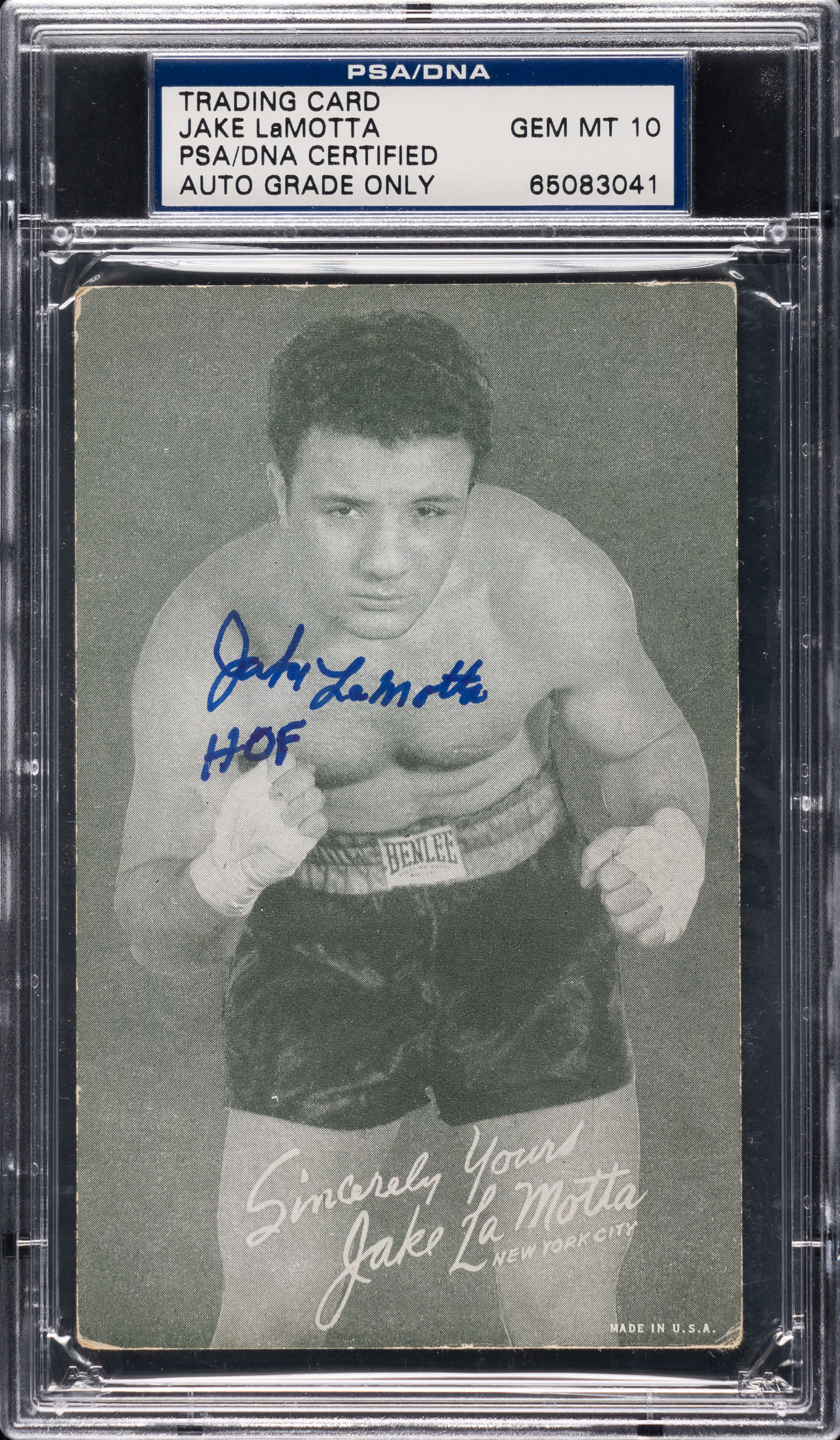 Signed 1930 Exhibits Boxing Jake LaMotta PSA/DNA GEM MINT 10. LaMotta was famously portrayed by Robert DeNiro in the movie Raging Bull.